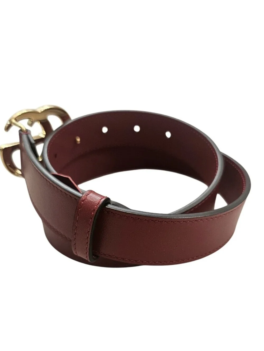 Gucci Rosso Ancora Dark Red Thin GG Marmont Leather Belt Shiny Gold Buckle